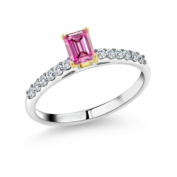 Gem Stone King 925 Sterling Silver Ring with 10K Yellow Gold Prongs Pink Moissanite and Lab Grown Diamond (0.75 Cttw, Size 6)