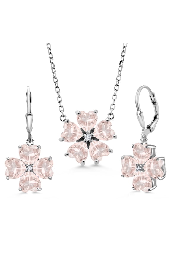 9.34 Cttw Rose Rose Quartz and White Lab Grown Diamond Pendant Necklace Earrings Jewelry Set for Women | 925 Sterling Silver | Heart Shape 6MM | With 18 inch Chain