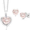 thumbnail image 1 of Gem Stone King 925 Sterling Silver Rose Rose Quartz and White Moissanite Pendant Necklace Earrings Set for Women (3.21 Cttw, Heart Shape 8MM and 6MM, with 18 inch Chain), 1 of 3