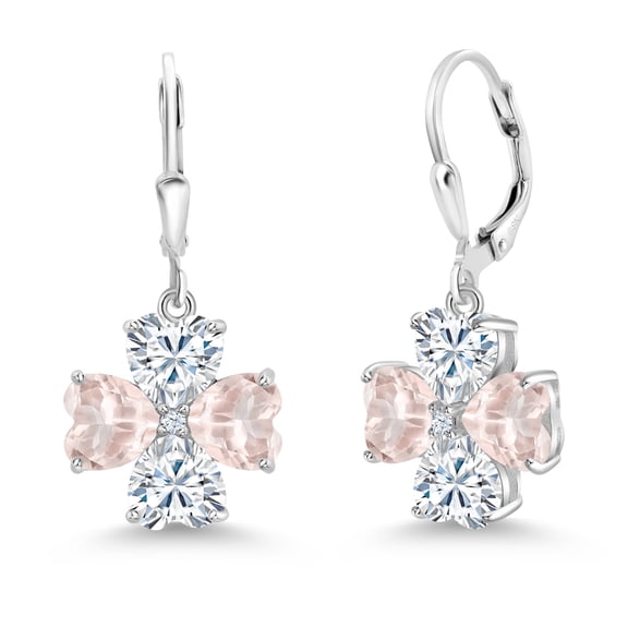 Gem Stone King 925 Sterling Silver Rose Rose Quartz and White Moissanite Dangle Earrings for Women (6.08 Cttw, Gemstone, Heart Shape 6MM)