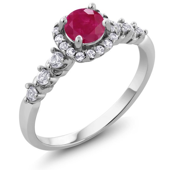 Gem Stone King 925 Sterling Silver Round 5MM Red Ruby and White Created Sapphire 0.98 Cttw Engagement Ring for Women