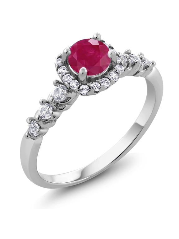 925 Sterling Silver Round 5MM Red Ruby and White Created Sapphire 0.98 Cttw Engagement Ring for Women