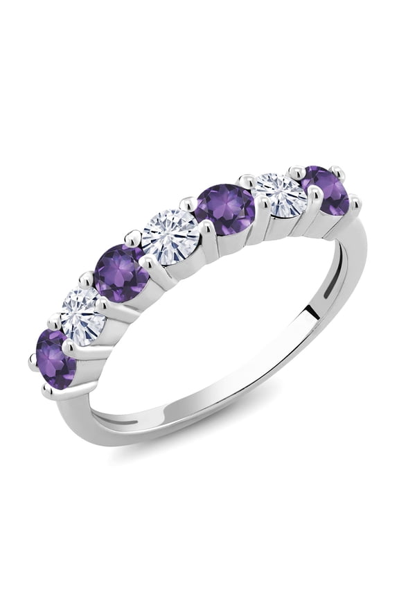 925 Sterling Silver Round Amethyst Moissanite Anniversary Ring for Women (1.12 Cttw, Gemstone Birthstone, Size 5)