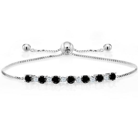 Gem Stone King 0.88 Cttw Round Black Diamond and White Created Sapphire Adjustable Tennis Bracelet for Women | 925 Sterling Silver | Adjustable Bolo Bracelet for Women | Easy-On Easy-Off