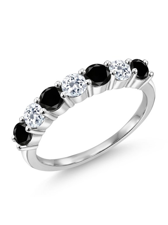 925 Sterling Silver Round Black Diamond White Topaz Anniversary Ring for Women (1.33 Cttw, Gemstone Birthstone, Size 8)