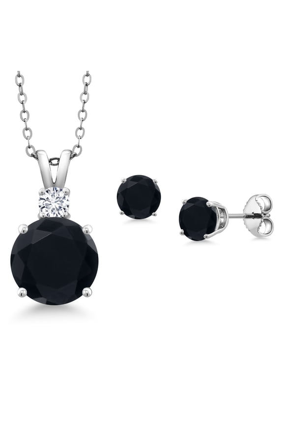 925 Sterling Silver Round Black Onyx and G-H Lab Grown Diamond Pendant and Earrings Jewelry Set for Women (4.12 Cttw, Gemstone Birthstone, with 18 inch Chain)