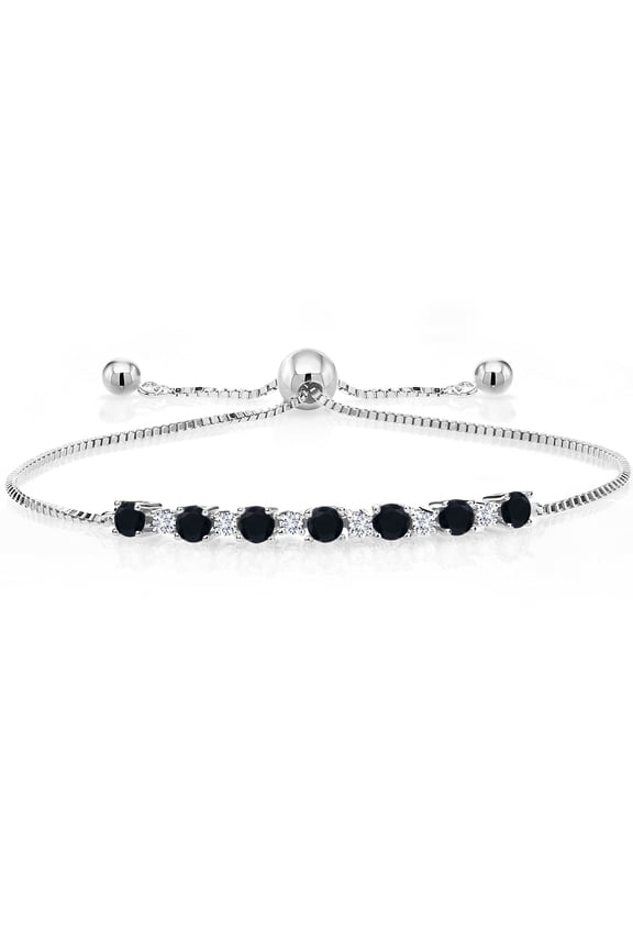 0.82 Cttw Round Black Onyx and White Lab Grown Diamond Tennis Bracelet for Women | 925 Sterling Silver | Gemstone Birthstone | Fully Adjustable up to 9 inch