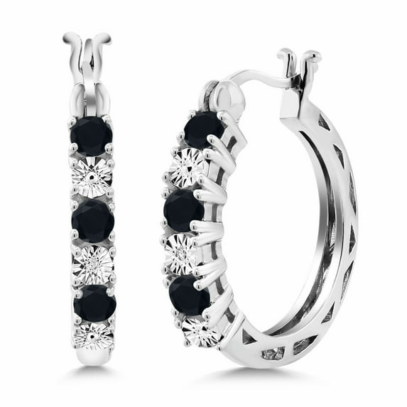 Gem Stone King 925 Sterling Silver Round Black Onyx and White Lab Grown Diamond Hoop Earrings for Women (0.61 Cttw, Gemstone Birthstone, Round 3MM)