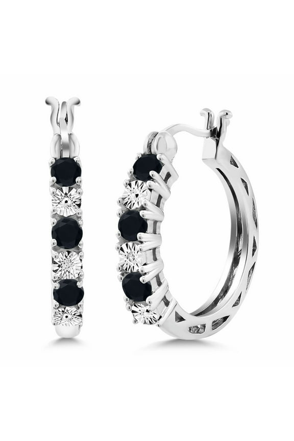 925 Sterling Silver Round Black Onyx and White Lab Grown Diamond Hoop Earrings for Women (0.61 Cttw, Gemstone Birthstone, Round 3MM)