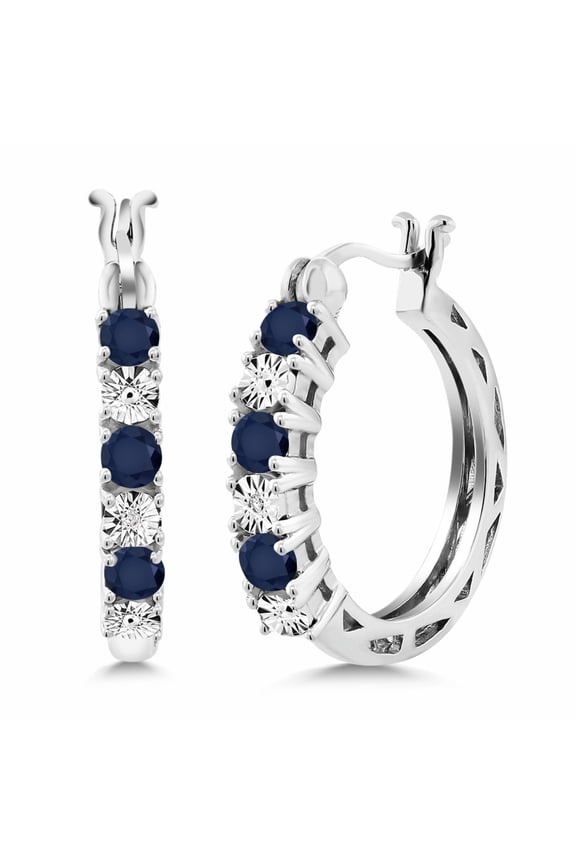 925 Sterling Silver Round Blue Sapphire and White Lab Grown Diamond Hoop Earrings for Women (0.79 Cttw, Gemstone Birthstone, Round 3MM)
