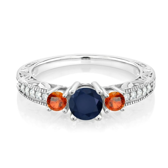 Gem Stone King 925 Sterling Silver Round Blue Sapphire and Orange Sapphire Engagement Ring for Women (1.05 Cttw, Size 6)