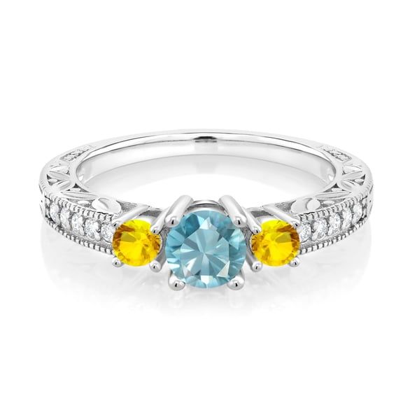 Gem Stone King 925 Sterling Silver Round Blue Zircon and Yellow Sapphire Ring for Women (1.25 Cttw, Size 5)