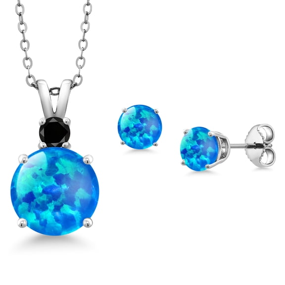 Gem Stone King 925 Sterling Silver Round Cabochon Blue Simulated Opal and Black Diamond Pendant and Earrings Jewelry Set for Women (2.11 Cttw, Gemstone Birthstone, with 18 inch Chain)