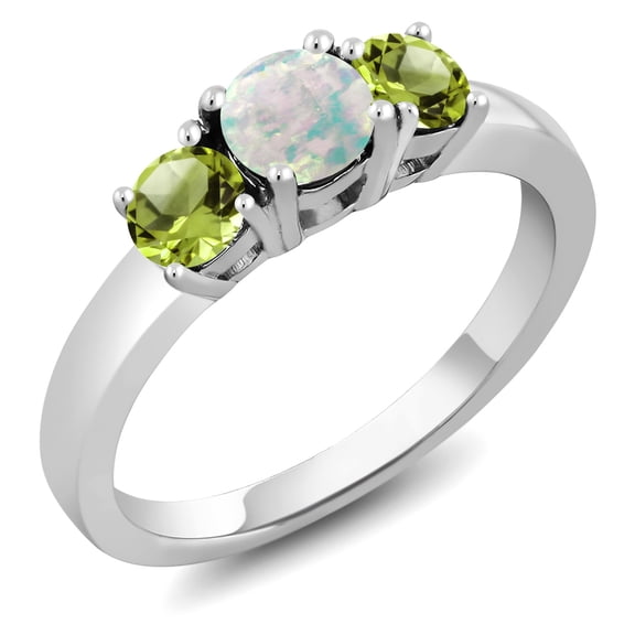 1.10 Cttw Round Cabochon White Simulated Opal and Green Peridot 3-Stone Ring for Women | 925 Sterling Silver | Three Stone Wedding Engagement Anniversary Promise Ring for Women | Size 5