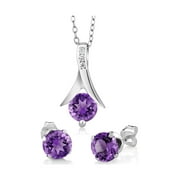 Gem Stone King 925 Sterling Silver Round Cut Purple Amethyst Pendant and Earrings Jewelry Set For Women (2.25 Carat, Gemstone Birthstone, with 18 inch Silver Chain)