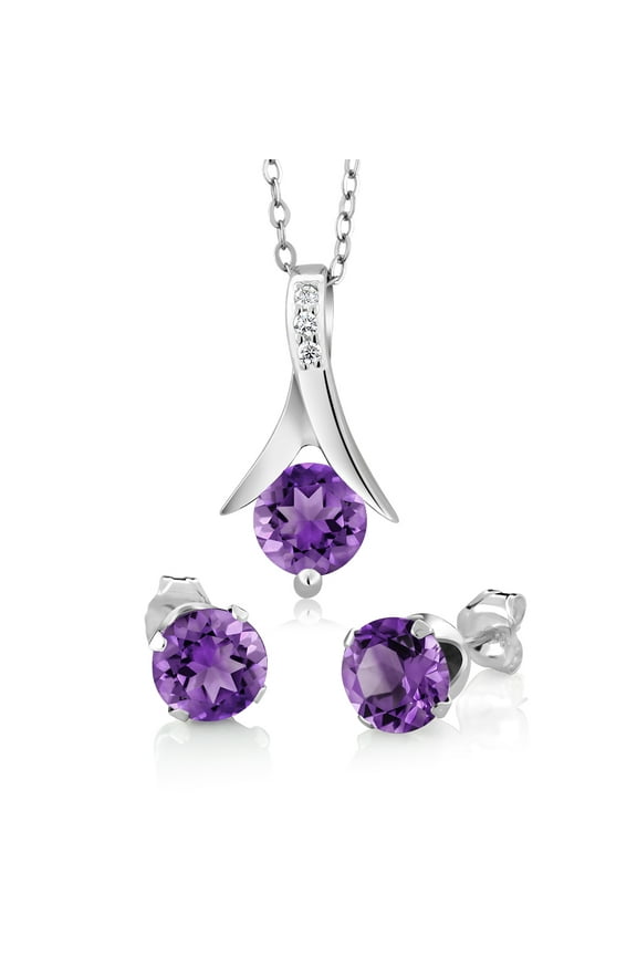 925 Sterling Silver Round Cut Purple Amethyst Pendant and Earrings Jewelry Set for Women (2.25 Carat, Gemstone Birthstone, with 18 inch Silver Chain)