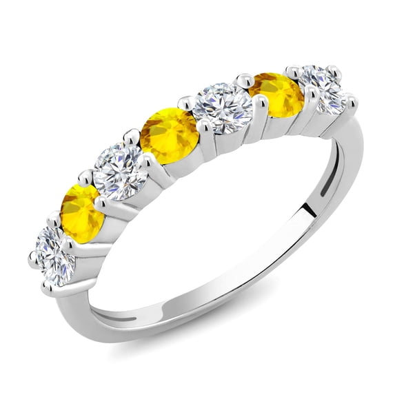 Gem Stone King 925 Sterling Silver Round E-F Lab Grown Diamond Yellow Sapphire Anniversary Ring for Women (1.16 Cttw, Gemstone Birthstone, Size 9)