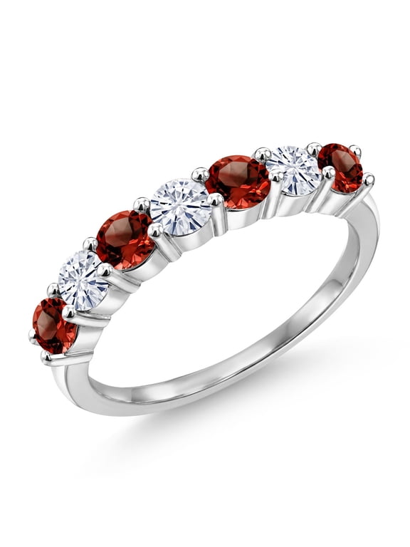 925 Sterling Silver Round Garnet Moissanite Anniversary Ring for Women (1.28 Cttw, Gemstone Birthstone, Size 7)