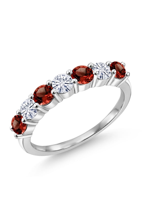 925 Sterling Silver Round Garnet Moissanite Anniversary Ring for Women (1.28 Cttw, Gemstone Birthstone, Size 9)