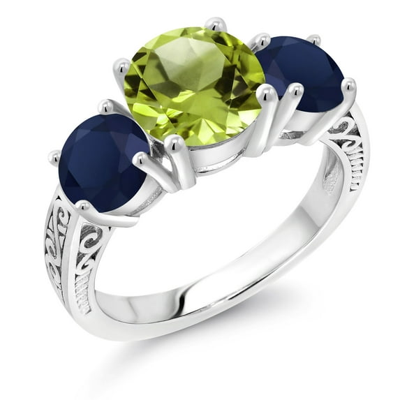 Gem Stone King 925 Sterling Silver Round Green Peridot and Blue Sapphire 3 Stone Ring for Women (4.27 Cttw, Gemstone Birthstone, Size 9)