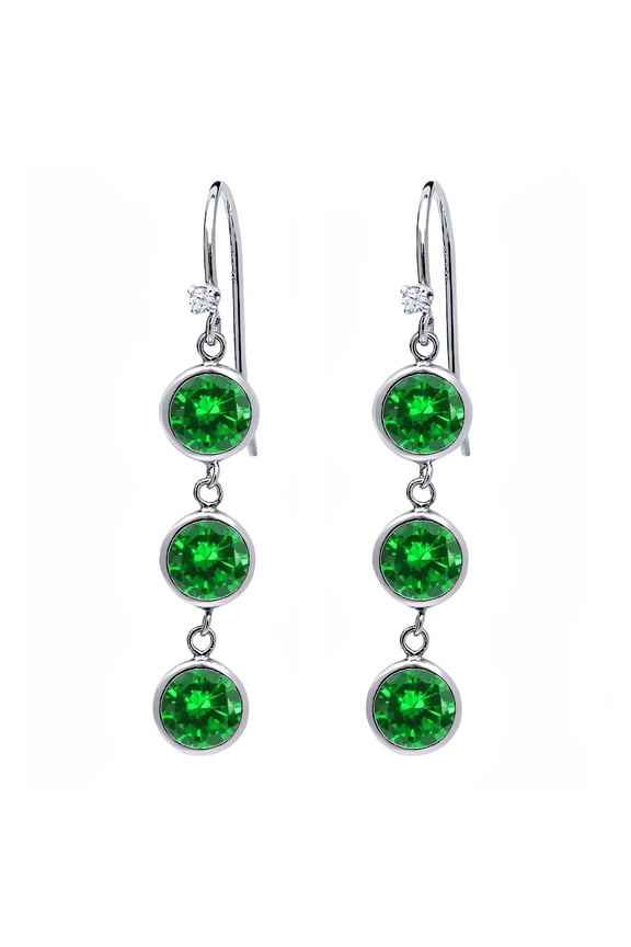925 Sterling Silver Round Green Simulated Emerald 3 Stone Earrings for Women (5.07 Cttw, Gemstone Birthstone, 1 inch)