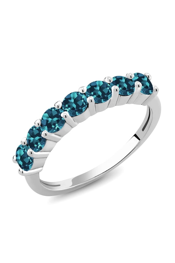 925 Sterling Silver Round London Blue Topaz 7-Stone Anniversary Wedding Band Women's Ring (1.40 Cttw Gemstone Birthstone, Available in Size 5,6,7,8,9)