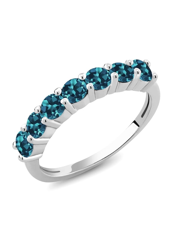 925 Sterling Silver Round London Blue Topaz 7-Stone Anniversary Wedding Band Women's Ring (1.40 Cttw Gemstone Birthstone, Available in Size 5,6,7,8,9)
