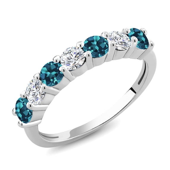 Gem Stone King 925 Sterling Silver Round London Blue Topaz E-F Lab Grown Diamond Anniversary Ring for Women (1.39 Cttw, Gemstone Birthstone, Size 8)
