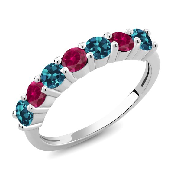 Gem Stone King 925 Sterling Silver Round London Blue Topaz Red Created Ruby Anniversary Ring for Women (1.63 Cttw, Gemstone Birthstone, Size 7)