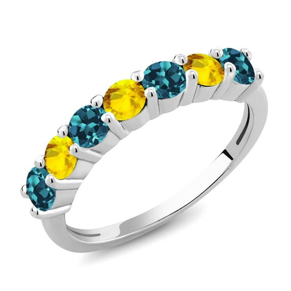 Gem Stone King 925 Sterling Silver Round London Blue Topaz Yellow Sapphire Anniversary Ring for Women (1.36 Cttw, Gemstone Birthstone, Size 5) (Size 5)