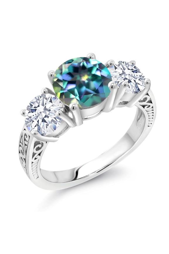 5.00 Cttw Round Millennium Blue Mystic Topaz 3-Stone Ring for Women | 925 Sterling Silver | Three Stone Wedding Engagement Anniversary Promise Ring for Women | Size 5