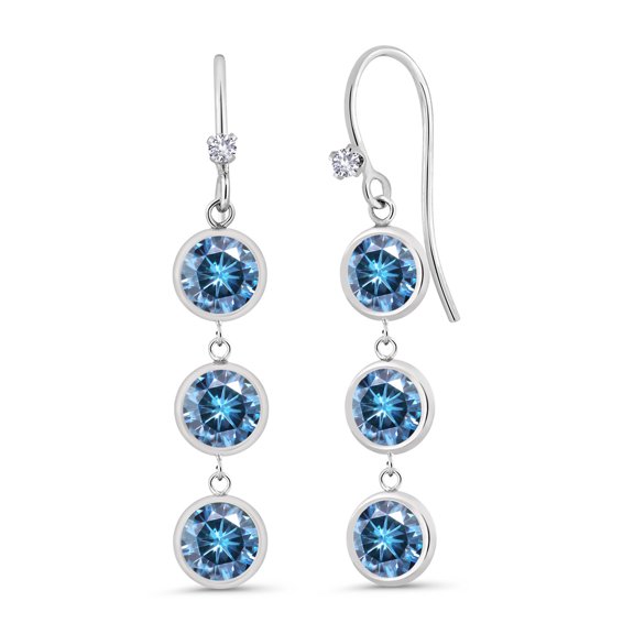 Gem Stone King 925 Sterling Silver Round Persian Blue Moissanite and White Created Sapphire 3 Stone Earrings for Women (3.03 Cttw, Gemstone Birthstone, 1 inch)