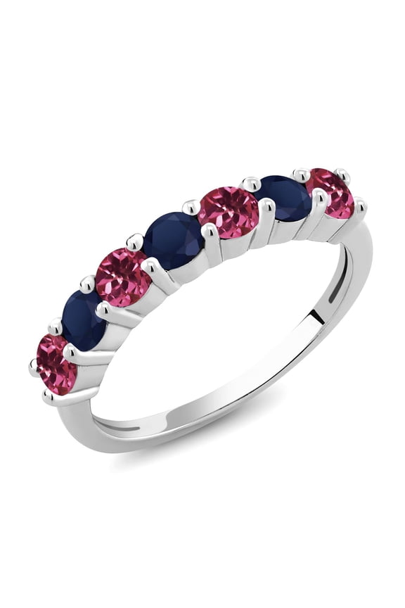 925 Sterling Silver Round Pink Tourmaline Blue Sapphire Anniversary Ring for Women (1.26 Cttw, Gemstone Birthstone, Size 8)