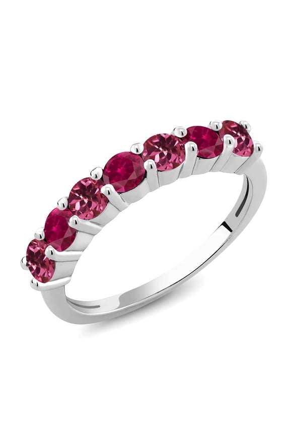 925 Sterling Silver Round Pink Tourmaline Red Created Ruby Anniversary Ring for Women (1.35 Cttw, Gemstone Birthstone, Size 9)
