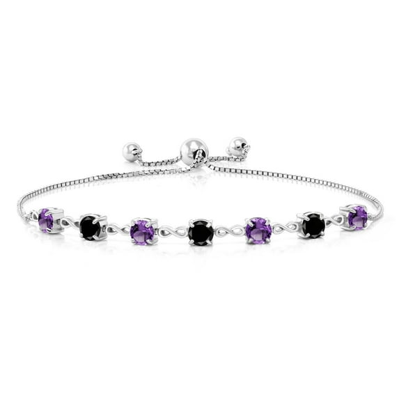 Gem Stone King 925 Sterling Silver Round Purple Amethyst and Black Diamond Tennis Bracelet for Women (2.43 Cttw, Gemstone February Birthstone, Round 4.5MM, Fully Adjustable up to 9 inch)