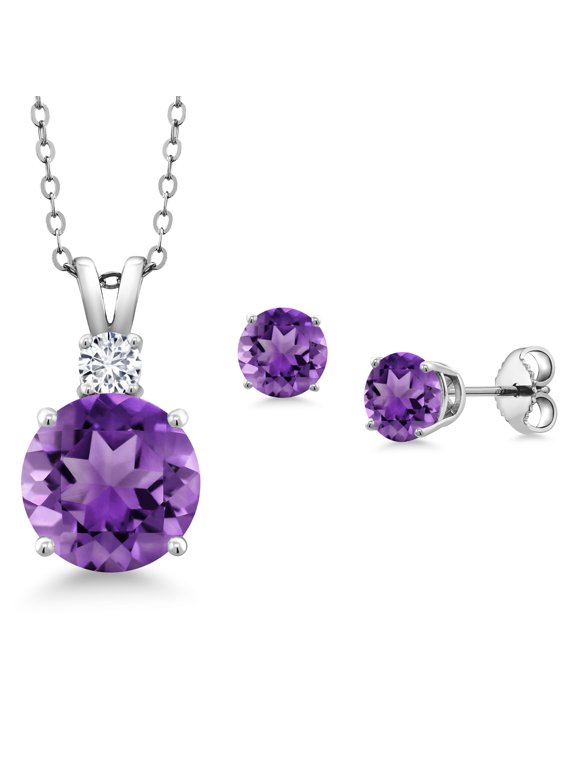 925 Sterling Silver Round Purple Amethyst and G-H Lab Grown Diamond Pendant and Earrings Jewelry Set for Women (4.47 Cttw, Gemstone Birthstone, with 18 inch Chain)