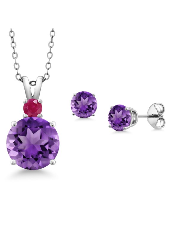 925 Sterling Silver Round Purple Amethyst and Red Ruby Pendant and Earrings Jewelry Set for Women (4.55 Cttw, Gemstone Birthstone, with 18 inch Chain)