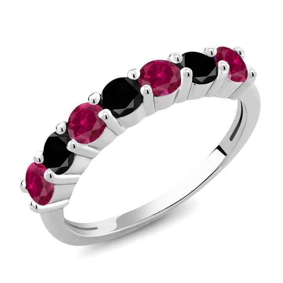 Gem Stone King 925 Sterling Silver Round Red Created Ruby Black Diamond Anniversary Ring for Women (1.51 Cttw, Gemstone Birthstone, Size 5)