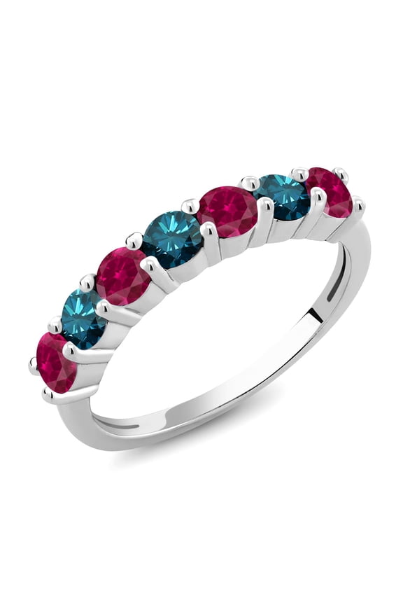 925 Sterling Silver Round Red Created Ruby Blue Diamond Anniversary Ring for Women (1.45 Cttw, Gemstone Birthstone, Available in Size 5, 6, 7, 8, 9)