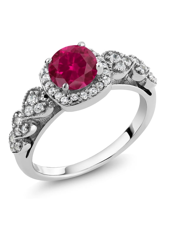 925 Sterling Silver Round Red Created Ruby Engagement Ring for Women (1.32 Cttw, Available in Size 5, 6, 7, 8, 9)