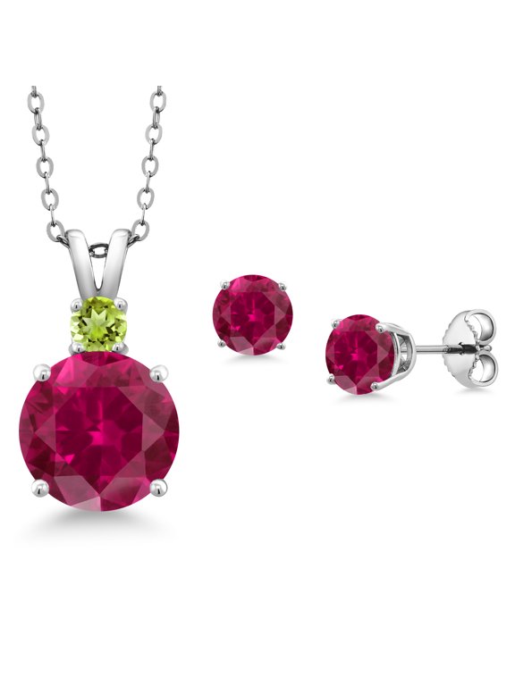 925 Sterling Silver Round Red Created Ruby and Green Peridot Pendant and Earrings Jewelry Set for Women (5.41 Cttw, Gemstone Birthstone, with 18 inch Chain)