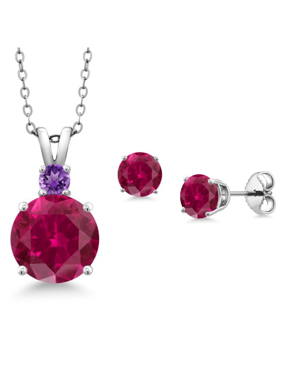 925 Sterling Silver Round Red Created Ruby and Purple Amethyst Pendant and Earrings Jewelry Set for Women (5.36 Cttw, Gemstone Birthstone, with 18 inch Chain)