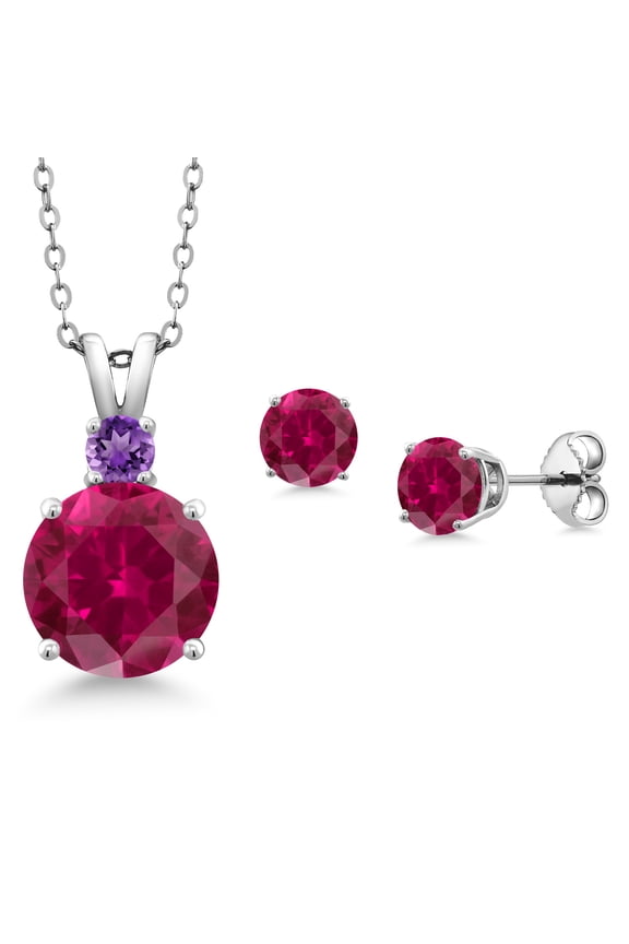 925 Sterling Silver Round Red Created Ruby and Purple Amethyst Pendant and Earrings Jewelry Set for Women (5.36 Cttw, Gemstone Birthstone, with 18 inch Chain)