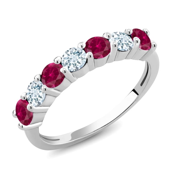 Gem Stone King 925 Sterling Silver Round Red Created Ruby Sky Blue Aquamarine Anniversary Ring for Women (1.51 Cttw, Gemstone Birthstone, Available in Size 5, 6, 7, 8, 9)