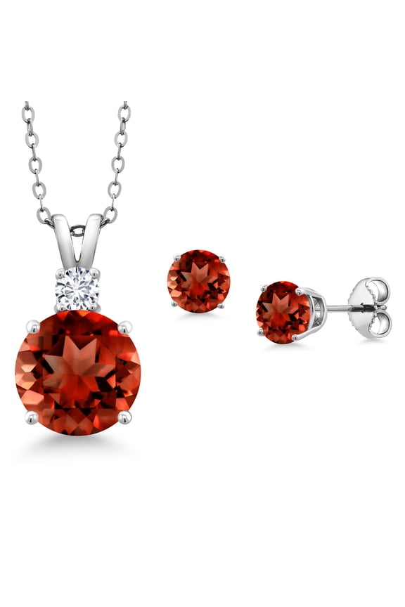 925 Sterling Silver Round Red Garnet and G-H Lab Grown Diamond Pendant and Earrings Jewelry Set for Women (5.77 Cttw, Gemstone Birthstone, with 18 inch Chain)