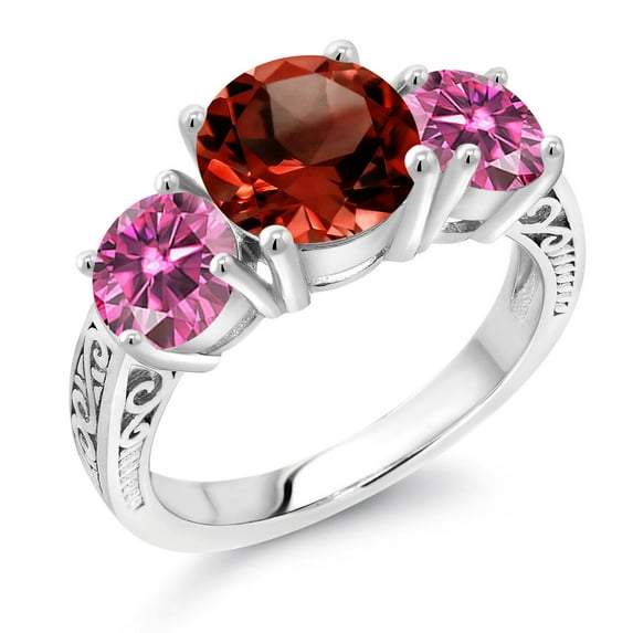 Gem Stone King 925 Sterling Silver Round Red Garnet and Pink Moissanite 3-Stone Ring for Women (4.10 Cttw, Gemstone Birthstone, Size 7)