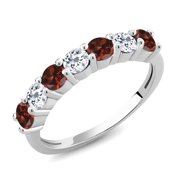 Gem Stone King 925 Sterling Silver Round Red Garnet White Topaz Anniversary Ring for Women (1.45 Cttw, Gemstone Birthstone, Size 8)