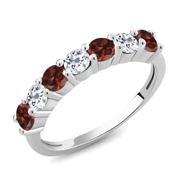 Gem Stone King 925 Sterling Silver Round Red Garnet White Topaz Anniversary Ring for Women (1.45 Cttw, Gemstone Birthstone, Size 9)