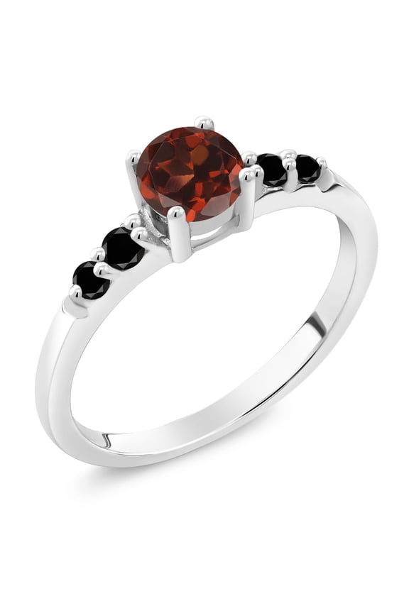 925 Sterling Silver Round Red Garnet and Black Diamond Engagement Ring for Women (0.73 Cttw, Size 8)