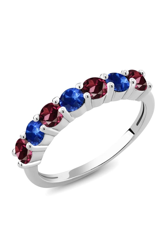 925 Sterling Silver Round Red Rhodolite Garnet Blue Sapphire Anniversary Ring for Women (1.54 Cttw, Gemstone Birthstone, Available in Size 5, 6, 7, 8, 9)